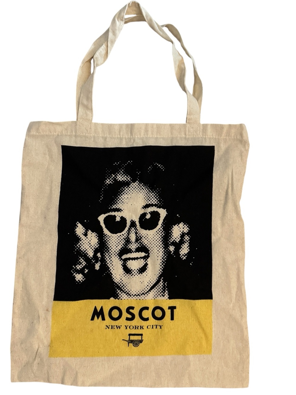 MOSCOT NYC Beige Canvas Tote with Black Portrait and Yellow Panel